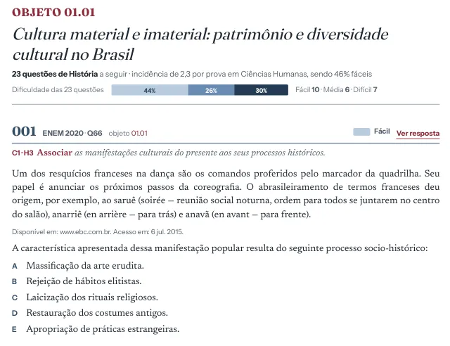 Questão 001 da apostila de História, ENEM 2020, nível Fácil, com o link Ver resposta