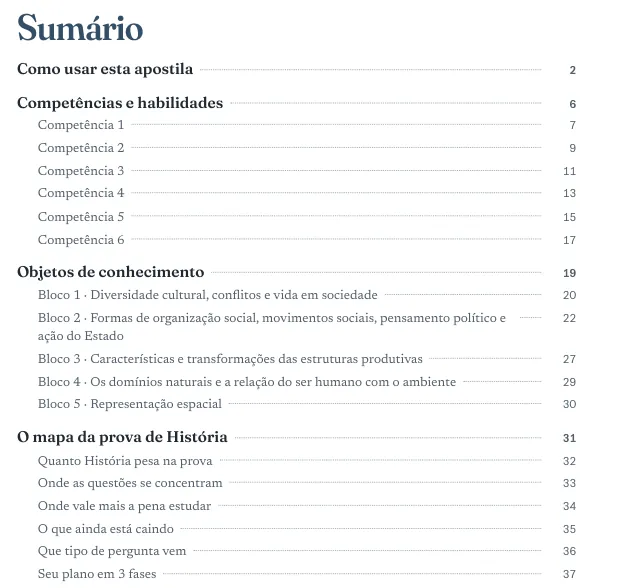 Sumário clicável da apostila de História, com partes e objetos